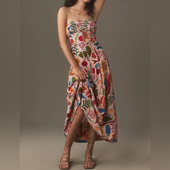 Farm Rio Bright Farm Strapless Linen Midi Dress Size L - Picture 3 of 16